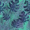 Seamless pattern of blue tropical leaves on neon blue background. Palm leaves, ferns, monstera hand drawing. Packaging, wallpaper,