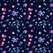 Seamless pattern with blue, violet, and pink stylized berries and leaves.