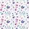 Seamless pattern with blue, violet, and pink stylized berries and leaves.