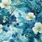 Seamless pattern blue watercolor blueberries scattered amidst swirling teal and turquoise brushstrokes