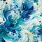Seamless pattern blue watercolor blueberries scattered amidst swirling teal and turquoise brushstrokes