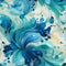 Seamless pattern blue watercolor blueberries scattered amidst swirling teal and turquoise brushstrokes