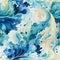 Seamless pattern blue watercolor blueberries scattered amidst swirling teal and turquoise brushstrokes