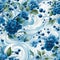 Seamless pattern blue watercolor blueberries scattered amidst swirling teal and turquoise brushstrokes