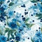 Seamless pattern blue watercolor blueberries scattered amidst swirling teal and turquoise brushstrokes