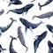 Seamless pattern with blue whales of different breeds in watercolor. Marine life of the seas and oceans. Hand drawn