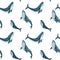 Seamless pattern with blue whales hand-painted in watercolor, on a white background. Watercolor illustration. Suitable