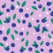 Seamless pattern of blueberries, green leaves and white bubbles on a light lilac background