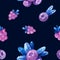 Seamless pattern with blueberries raspberries. Hand drawn stylized berries.