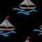 Seamless pattern with boat with blue wave embroidery stitches imitation on black background