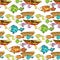 Seamless pattern boat, fish, fishing. vector illustration