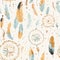 Seamless pattern of a bohemian-inspired repeating background with dreamcatcher elements and feathers