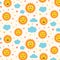 Seamless pattern with boho rainbow , smiling cartoon sun, clouds and moon over white background