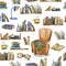 Seamless pattern with book shelves, reading people, open books, armchair with plaid, lamp, glasses. Collection design elements on