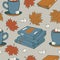Seamless pattern of books, autumn maple leaves, cups with cocoa and marshmallow. Autumn theme vector seamless pattern.