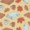 Seamless pattern of books, autumn and oak maple leaves and cups with coffee. Autumn theme vector seamless pattern.