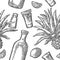 Seamless pattern of bottle, glass tequila, salt, cactus and lime
