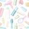 Seamless pattern with bottles for cosmetics, combs, hair dryer, curlers and hairpin