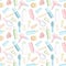 Seamless pattern with bottles for cosmetics, combs, hair dryer, curlers and hairpin