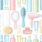 Seamless pattern with bottles for cosmetics, combs, hair dryer, curlers and hairpin