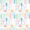 Seamless pattern with bottles for cosmetics, combs, hair dryer, curlers and hairpin