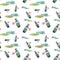 Seamless pattern with bottles with liquid and poison. Pattern with leaves and bottles for Halloween. Seamless watercolor pattern