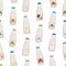 Seamless pattern of bottles with plant based milk