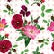 Seamless pattern, bouquet of pink roses and purple pansy