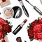 Seamless pattern with bouquet of roses, lipstick, brush, mascara, perfume. Vector illustration.