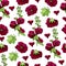 Seamless pattern with  bouquet and single flowers of burgundy mallow and green leaves. Hand drawn ink and colored sketch.