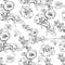 Seamless pattern with  bouquet and single flowers of mallow and leaves. Hand drawn ink sketch. Black elements of malva flowers.