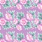 Seamless pattern of bouquets of pink peonies on a light purple background. Illustration of felt-tip pens.