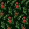 Seamless pattern with bouquets of wild plants on a dark green background.