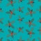 Seamless pattern of branches of Christmas holly with berries on a blue background.