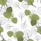 Seamless pattern with branches of eucalyptus on a flat style and black and white contours of leaves . Vector illustration