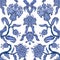 Seamless pattern with branches flowers in chinoiserie style. Japanese blue ceramic print.