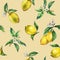 The seamless pattern of the branches of fresh citrus fruit lemons with green leaves and flowers