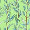 Seamless pattern of branches with narrow long leaves on a bright green background. graphic drawing
