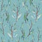 Seamless pattern of branches with narrow long leaves on a grey blue background. graphic drawing
