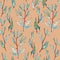 Seamless pattern of branches with narrow long leaves on a light orange background. graphic drawing