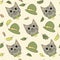 Seamless pattern of a brave grey cats, hats and autumn leaves. Hand drawn cartoon style vector illustration