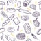 Seamless pattern with bread and wheat. Hand drawn bakery background