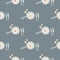 Seamless pattern with breakfast food ornament. Egg meal on pan wih knige and folk in pastel tones. Grey background