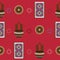 Seamless pattern with bright background. American native indians houseware as navajo pottery and rug, drawn in flat style on red.