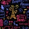 Seamless pattern. Bright color Shopping in Paris. Bonjour Lets go Travel Eiffel Tower. Fashion illustration on dark background.