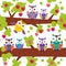 Seamless pattern bright colorful owls on the branch of a tree with red apples on white background. Vector