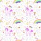 Seamless pattern with bright cute unicorns and rainbows.