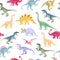 Seamless pattern with bright dinosaurs including T-rex, Brontosaurus, Triceratops, Velociraptor, Pteranodon, Allosaurus
