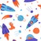 Seamless pattern of bright dinosaurs traveling into space on a rocket on a white background