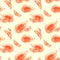 Seamless pattern with bright exotic papaya fruit on beige background. Ripe papaya with seeds cut in half. Watercolor painting.